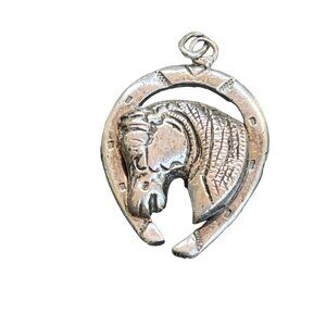 Vintage Silver Horse Head in Horseshoe Charm Pendant Equine Jewelry Equestrian T